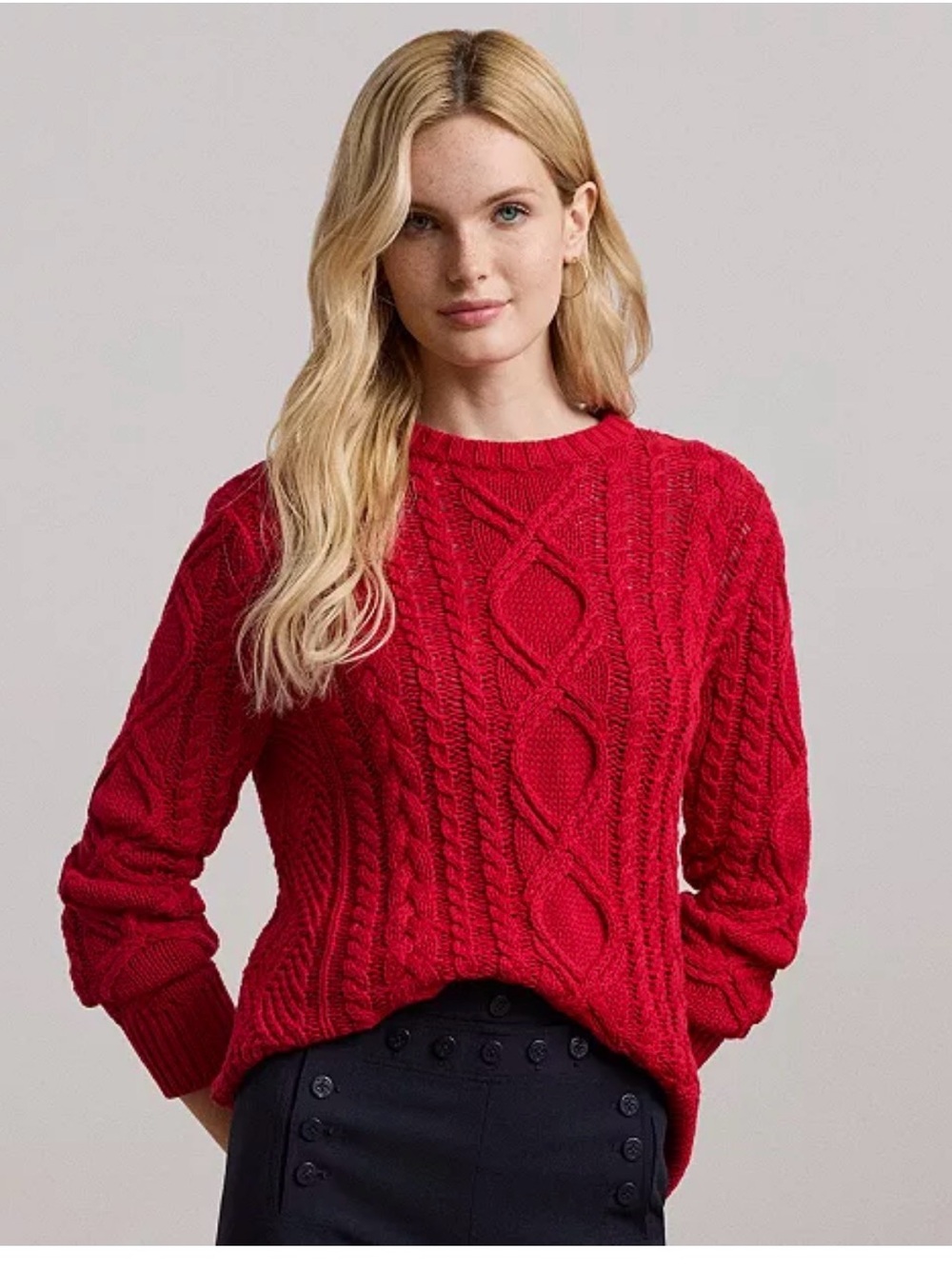 Ralph Lauren Bright Red Cable-Knit Crewneck Sweater